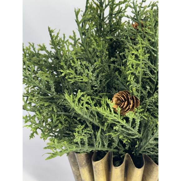 Fluted Scalloped Brass Vase with Holiday Christmas Winter Greenery Pouf Decor - Picture 3 of 11